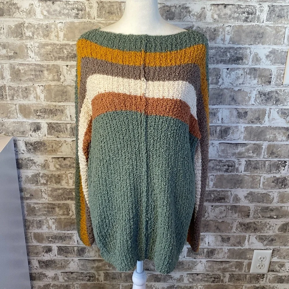 Shop Stevie Oversized Chunky Knit Striped Sweater. Size L. Sage Green and Brown. - Picture 3 of 15